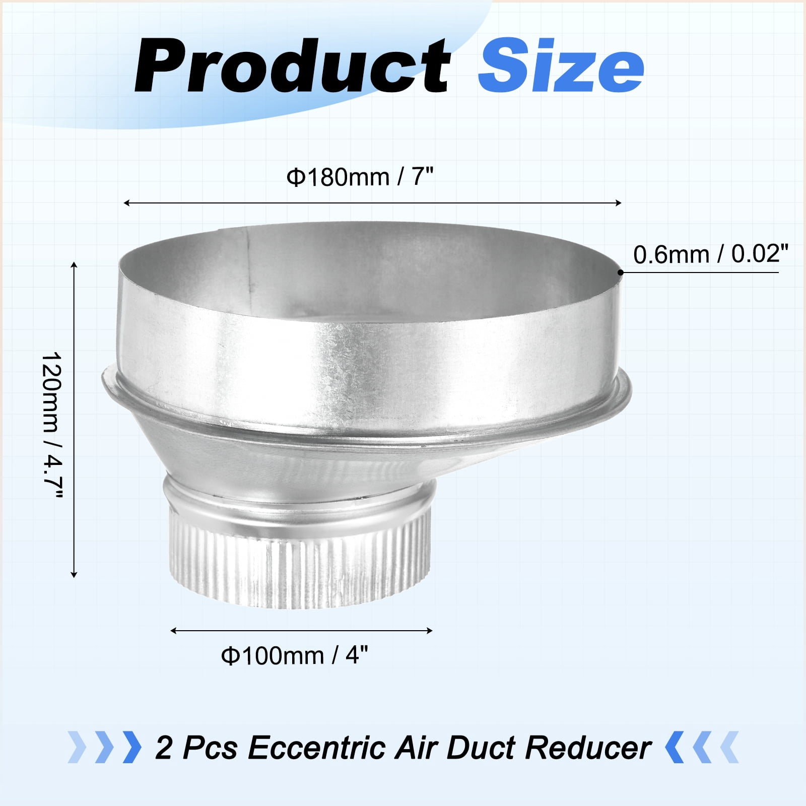 Uxcell 2 Pcs Eccentric Duct Reducer (7" to 4" ) - Galvanized Steel Crimped End Ducting Connector Increaser Round Air Duct Adapter Pipe Vent Inline Fitting for HVAC Ventilation, Silver
