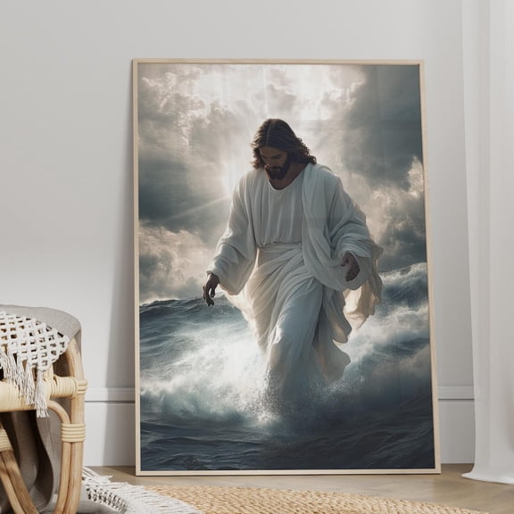 Jesus Walking on Water Wall Art Stormy Sea Christian Decor, Unframed Paper Print Size 8x12