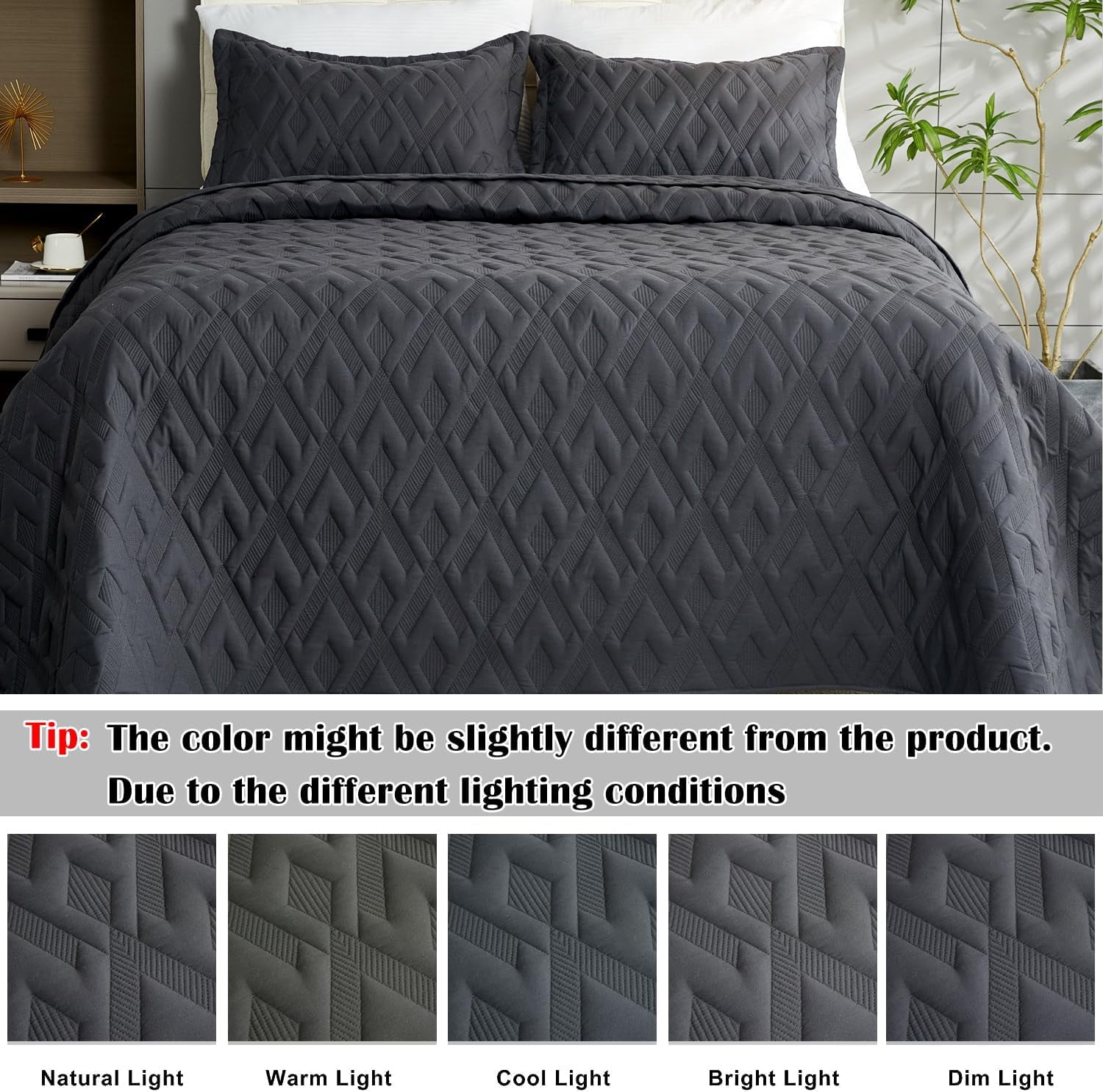 Evenhug 3 Piece King Size Quilt Set Gray Geometric Bedspread for All Seasons
