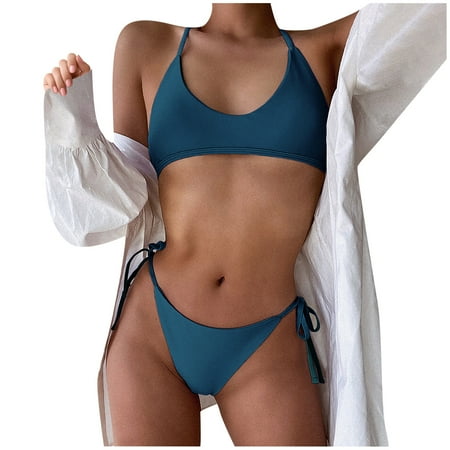 

VKEKIEO Two-Piece Sets Swimsuit Sport Bra Style Soft Cup Navy S