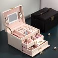 thumbnail image 4 of Joyero de terciopelo para mujer, organizador, caja de almacenamiento de joyería de cuero grande con espejo con cerradura, 3 cajones para reloj, collar, anillos, pendientes, regalo para niñas, 4 of 5