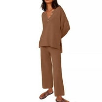 FIOPHY Womens 2 Piece Lounge Sets Fall Knit Outfits Button V Neck Tops Wide Leg Pants