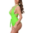 thumbnail image 4 of INSPIRE CHIC Women's Deep V Neck Back Criss Cross Lace Up Monokini Bikini 1 Piece Tummy Control High Cut Swimwear Bathing Suits Medium Fluorescent Green, 4 of 5