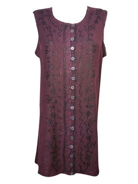 Mogul Womens Shift Dress Embroidered Button Front Sleeveless Maroon Tank Dresses