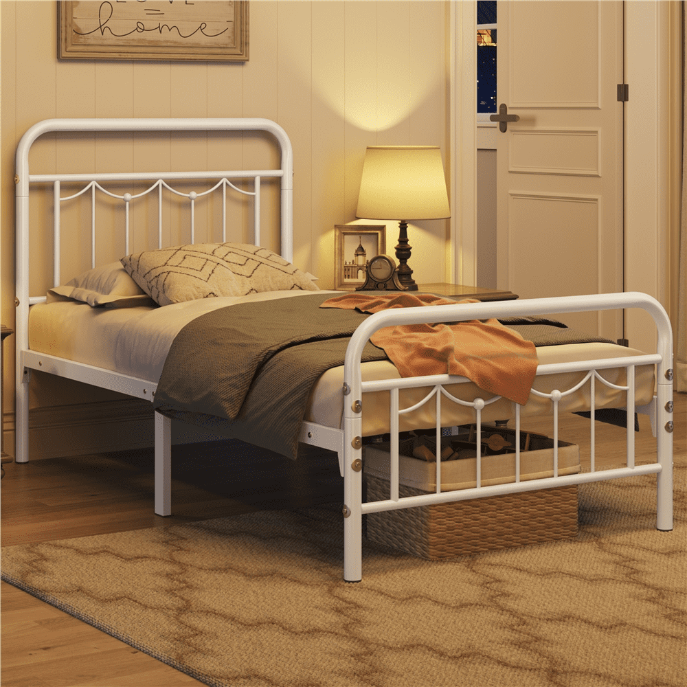Alden Design Metal Platform Bed with Vintage Headboard and Footboard, Twin, White, Adult