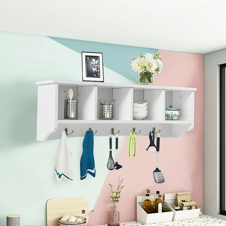 Costway Hanging Entryway Shelf Coat Rack Wall Mounted Storage Cabinets W/5  Dual Hooks White