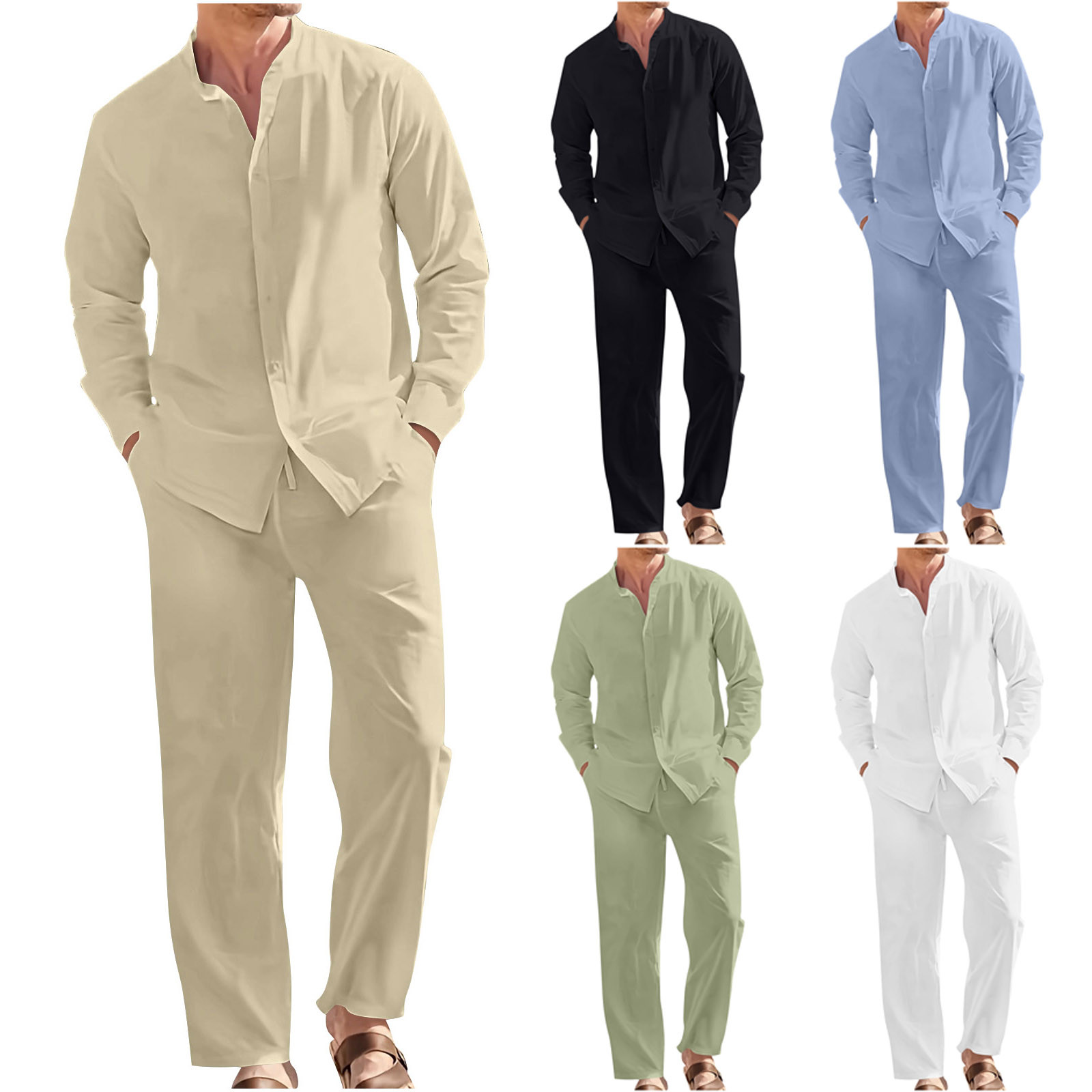 Set Di Abbigliamento Uomo 2 Pezzi In Lino: Camicia Henley Maniche Lunghe E Pantaloni Casual, Vestito Estivo Da Spiaggia, Vari Colori E Taglie S-3XL