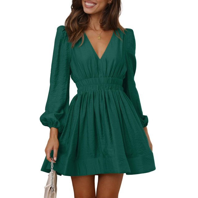 Minivestido BWQ de manga larga en V profundo, línea A, verde oscuro, XXL