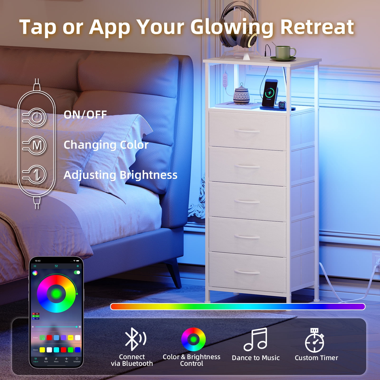 Eunos White Dresser for Bedroom, 5 Drawer Nightstand with Charging Station, LED and Open Shelf
