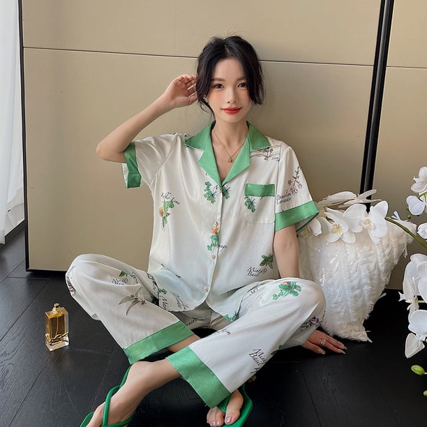 Conjunto de pijama de verano para mujer, de seda helada, de primera generación, con diseño de espiga para estar en casa