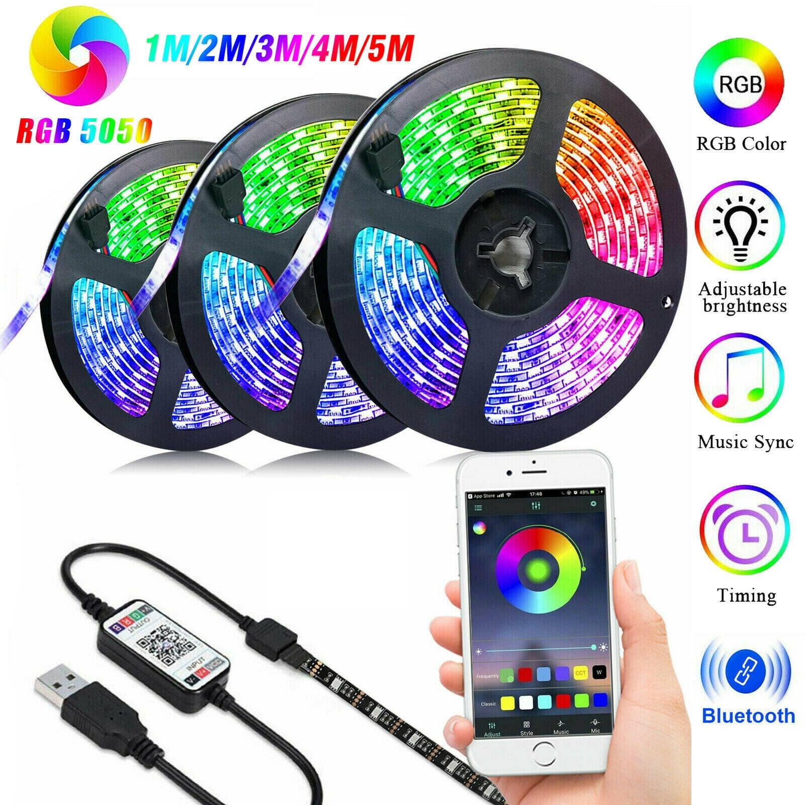 15M Bluetooth Music 5050 RGB LED Strip Light Waterproof SmartPhone APP+DC Power 