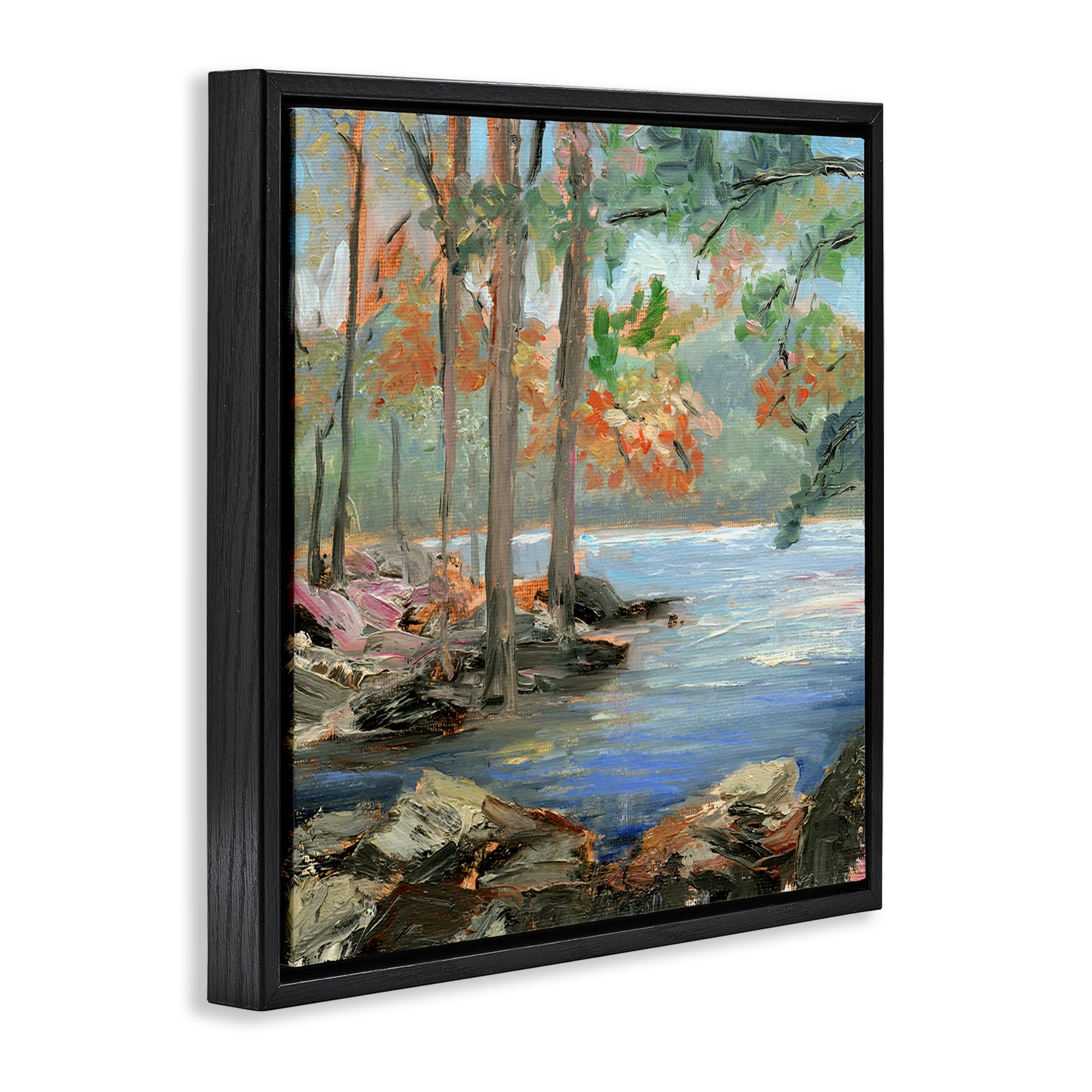 Stupell Industries Woodland Creek Looming Trees Landscape Painting Black Floater Framed Canvas Art Print Wall Art, 18 x 18