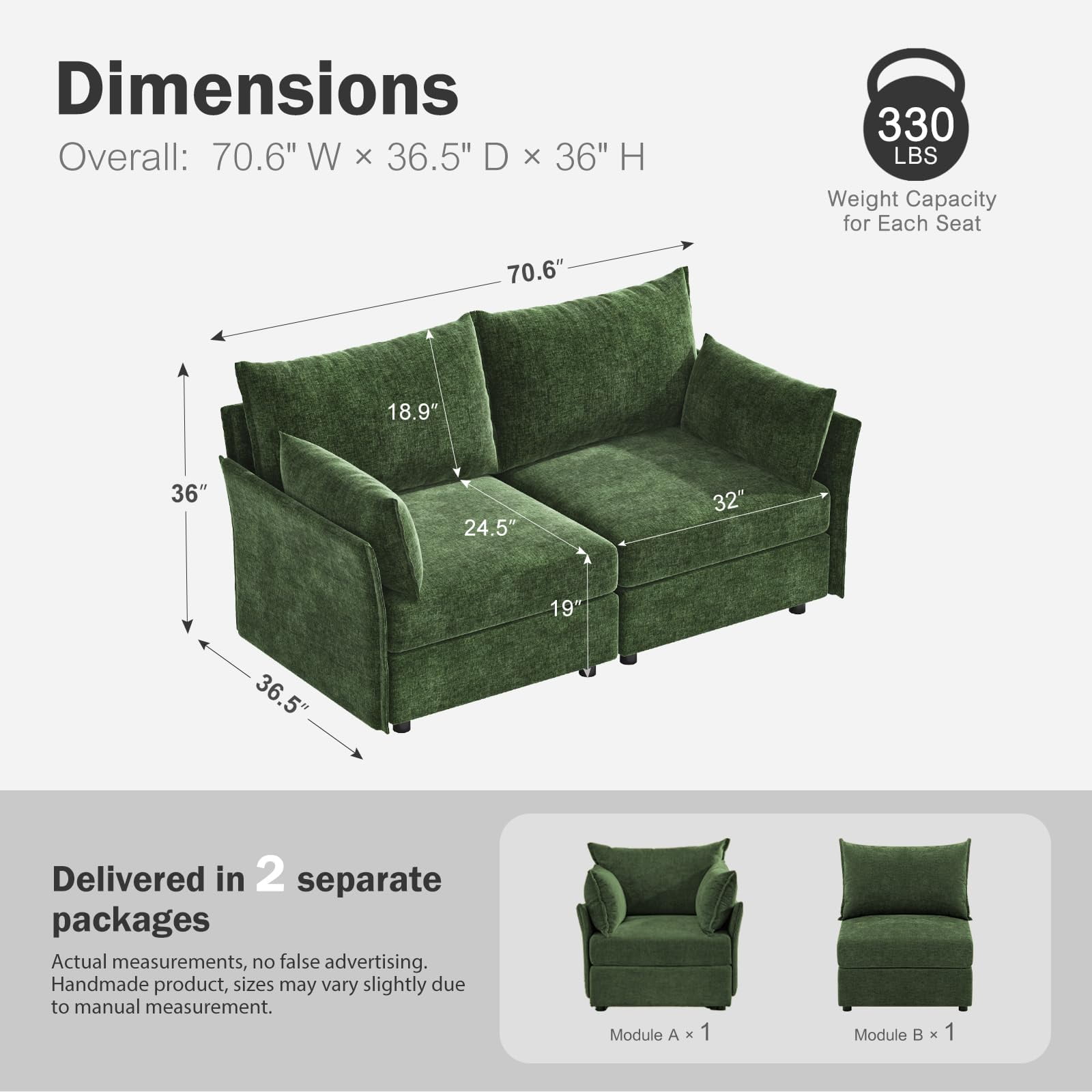 CDCASA Modern Loveseat Sofa, 2 Seater Chenille Sectional Sofa Couch with Deep Seat, Upholstered Couches for Living Room, Green