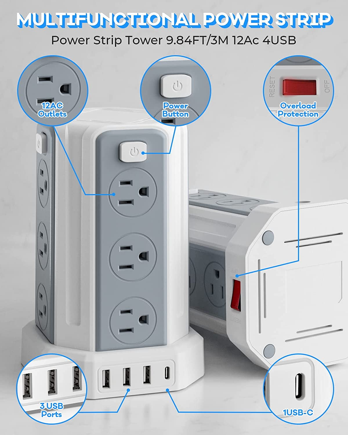 Power Strip Surge Protector 12 AC Outlets 4 USB Ports（1 USB C）with 9.8
