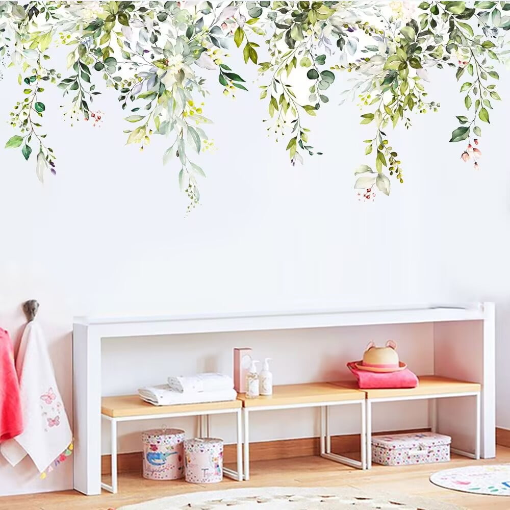Green Plants Leaves Wall Decals Peel and Stick, Large Floral Flowers Wall Stickers, DIY Removable Vine Home Decor Art for Bedroom Living Room Classroom Office