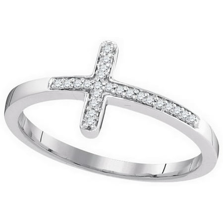 10K White Gold 0.06ctw Fancy Shiny Pave Diamond Sideway Cross Fashion Ring