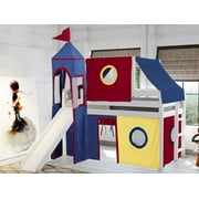 JACKPOT! Castle Low Loft Bed with Slide, Red Yellow and Blue Tent and Tower, Twin, White