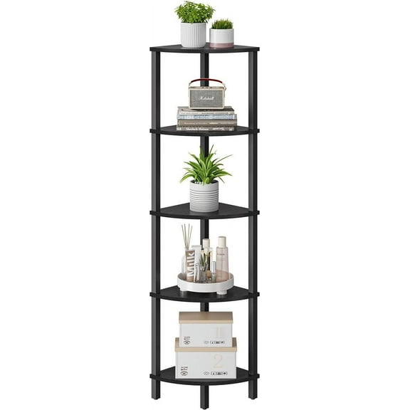 Corner Shelf, 5-Tier Corner Bookshelf, Industrial Corner Ladder Shelf, Modern Display Shelf for Living Room, Bedroom, Kitchen, Home Office, Black