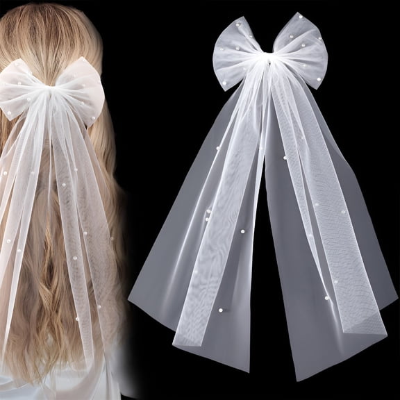 VANIDO 1Pcs White Bow Veil Bridal Bowknot Clip Tulle Pearl Wedding Hair Piece for Women Girl Bride