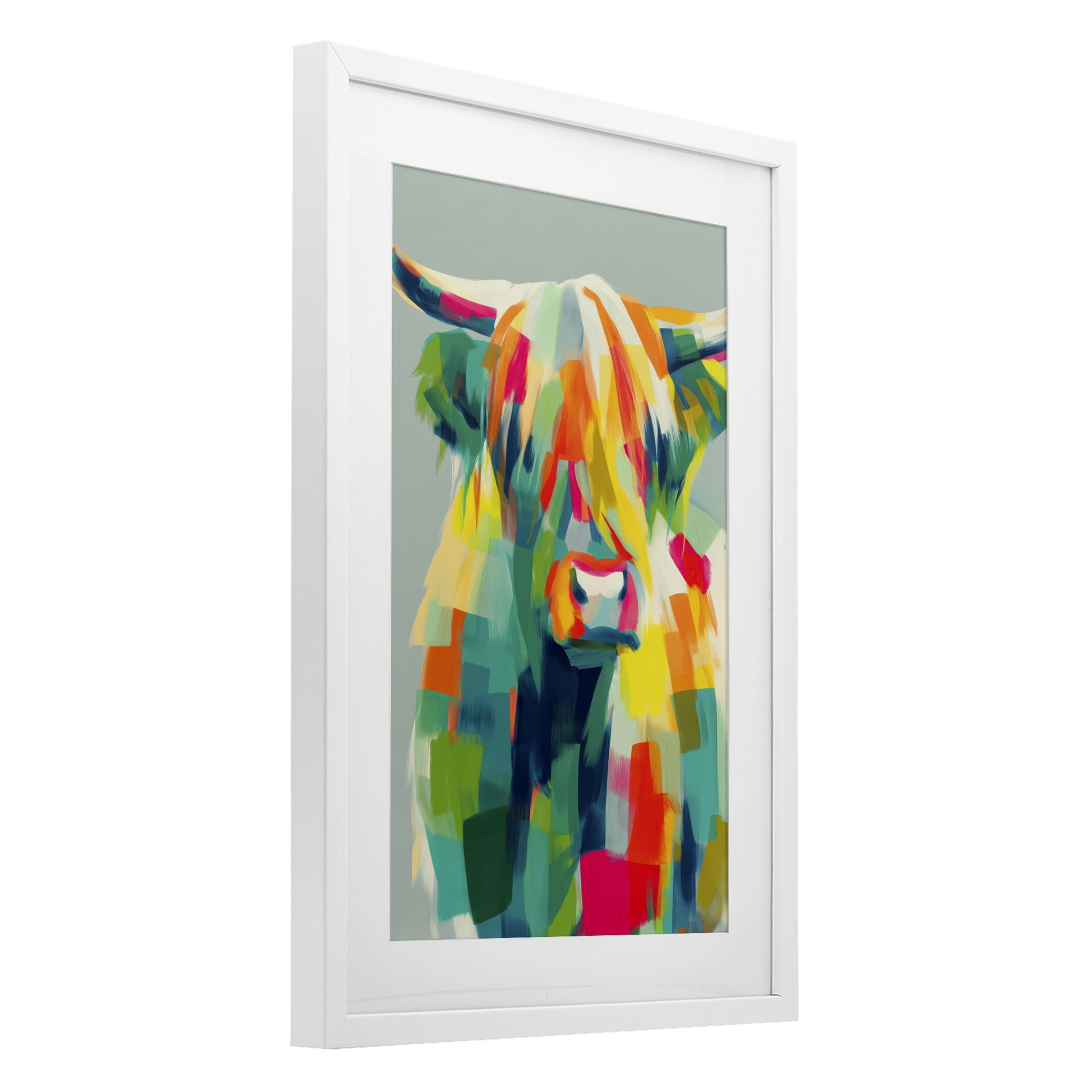 Stupell Industries Highland Cow Abstract Patchwork White Framed Print Under Glass, design by Chromatic Storm Studio
