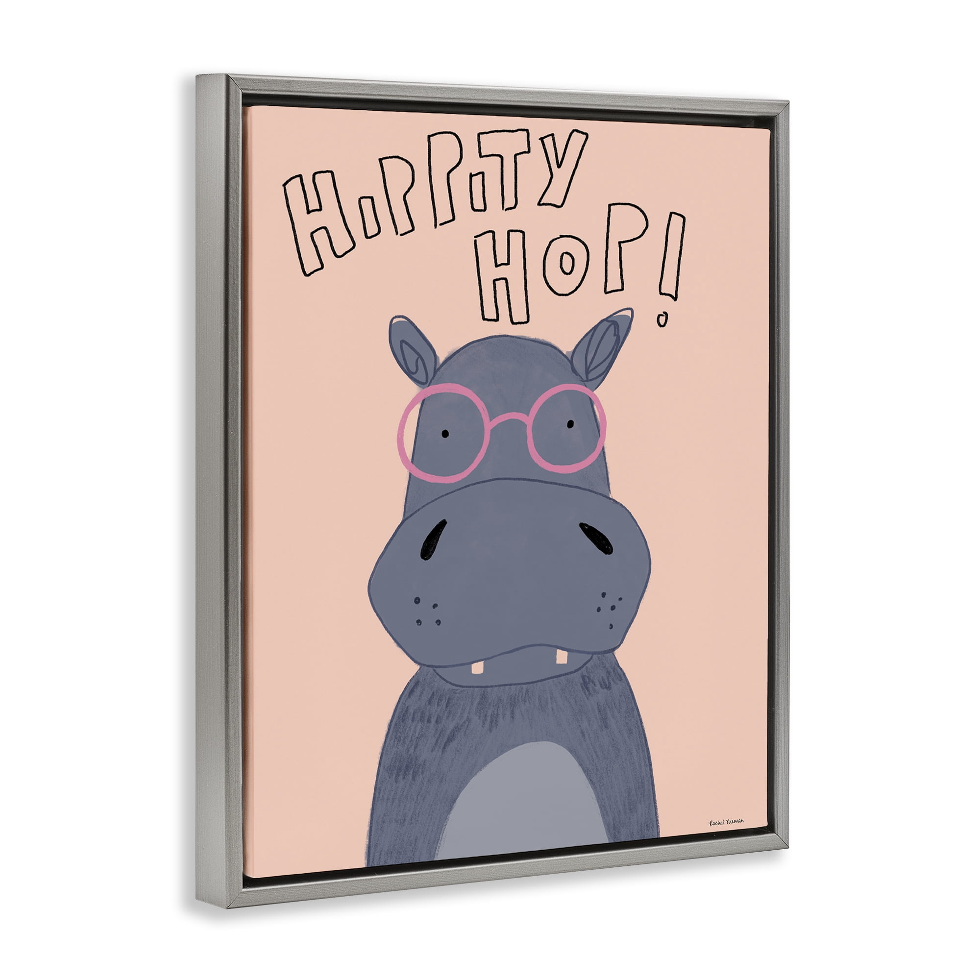 Stupell Industries Hippity Hop Hippo Gray Framed Floater Canvas Wall Art, design by Rachel Nieman