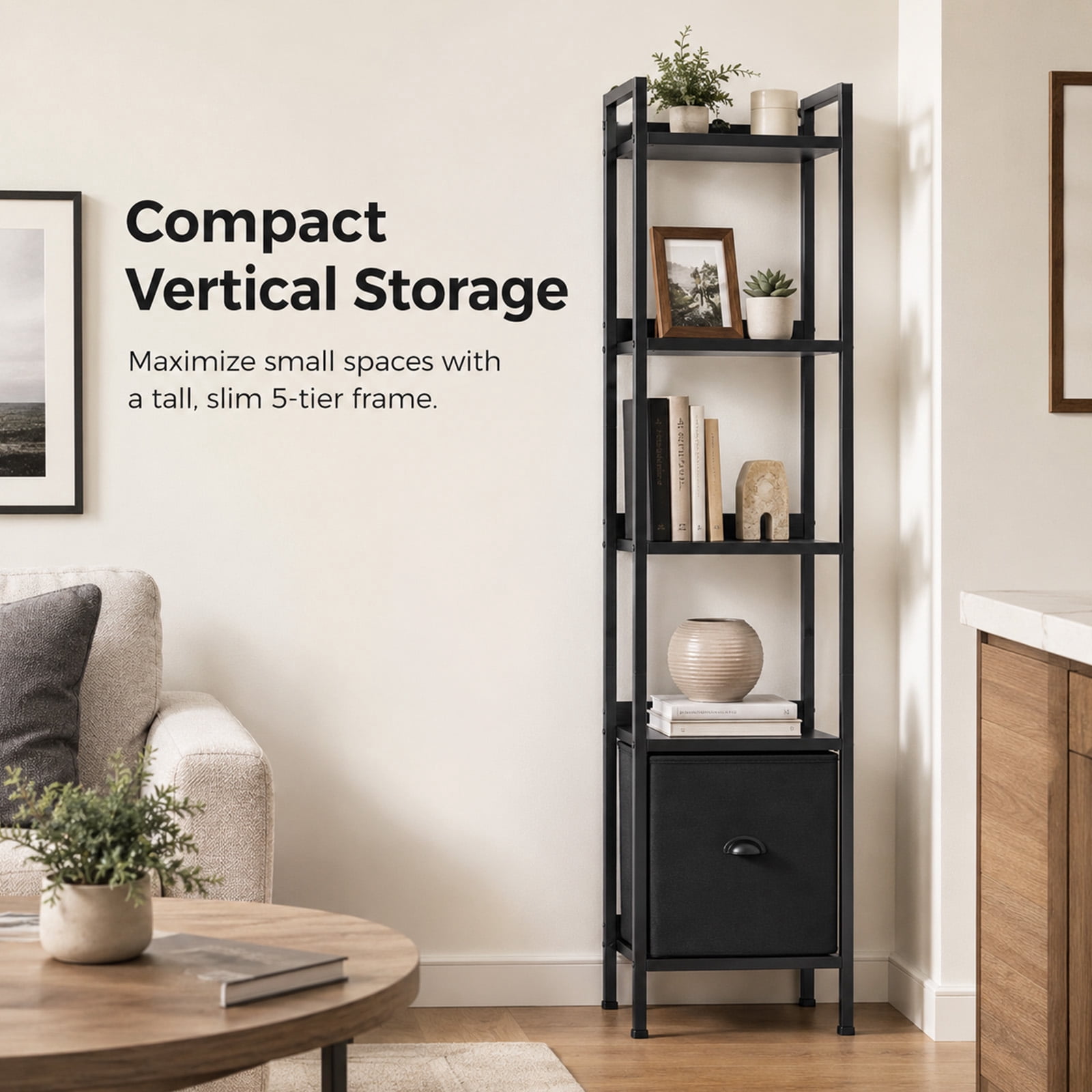 Alvantor 5-Tier Bookshelf, Industrial Bookcase with Drawer, Space-Saving Storage Bookcase for Bedroom, Living Room & Home Office