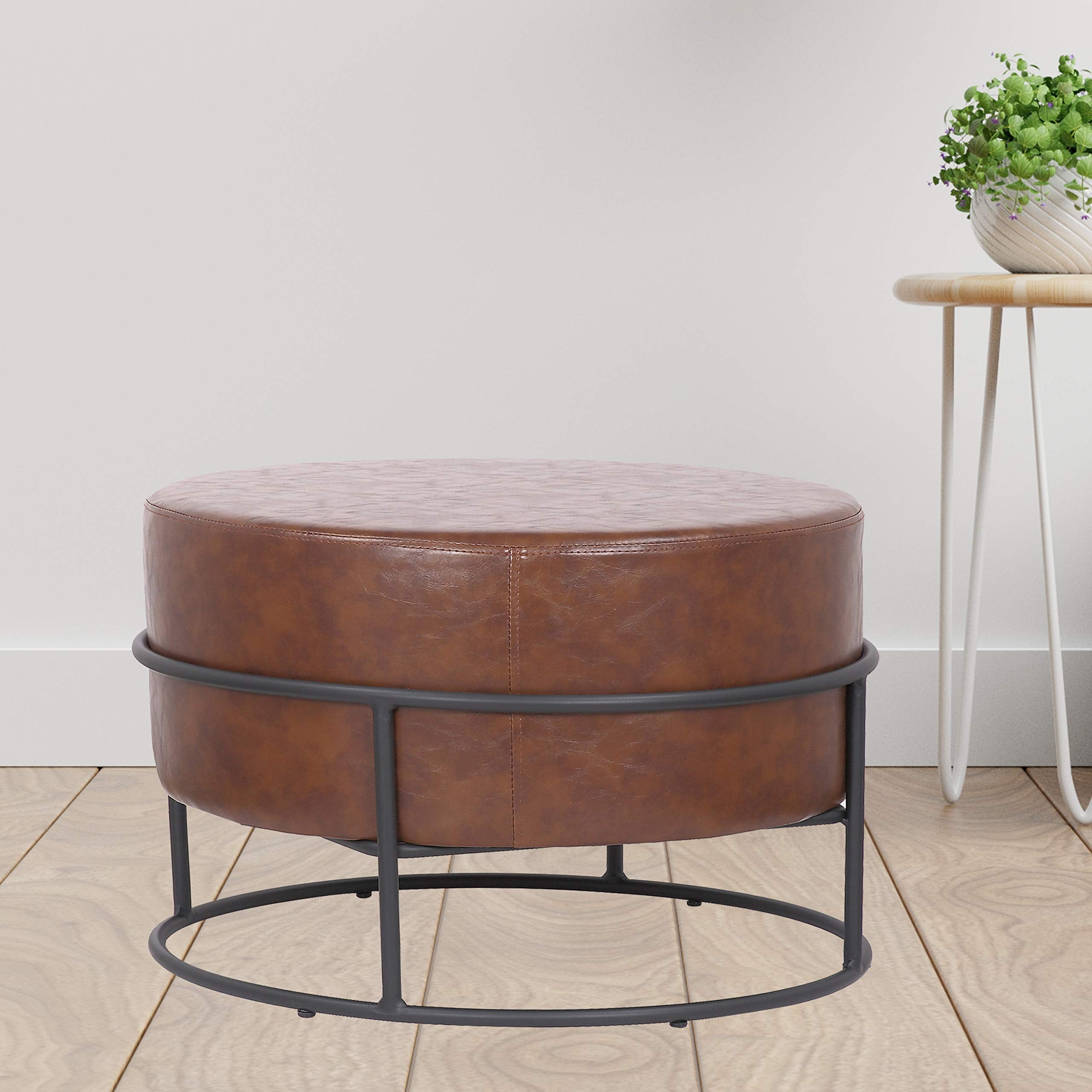 Bronte Living Leatherette Round Ottoman with Black Metal Legs Modern