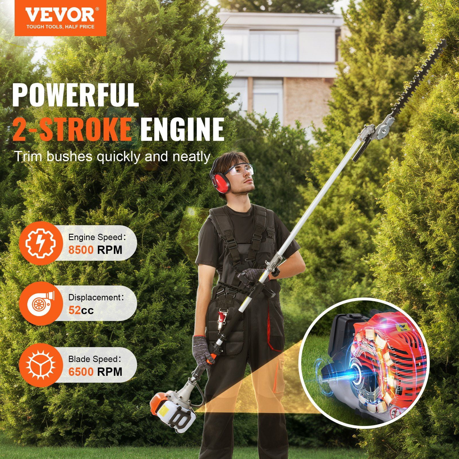 52CC 6-in-1 Multi-Function Garden Tool Set: Gas Powered Hedge Trimmer, Weed Wacker, Brush Cutter, Edger, Pole Chainsaw & Pruner with Extendable Handle