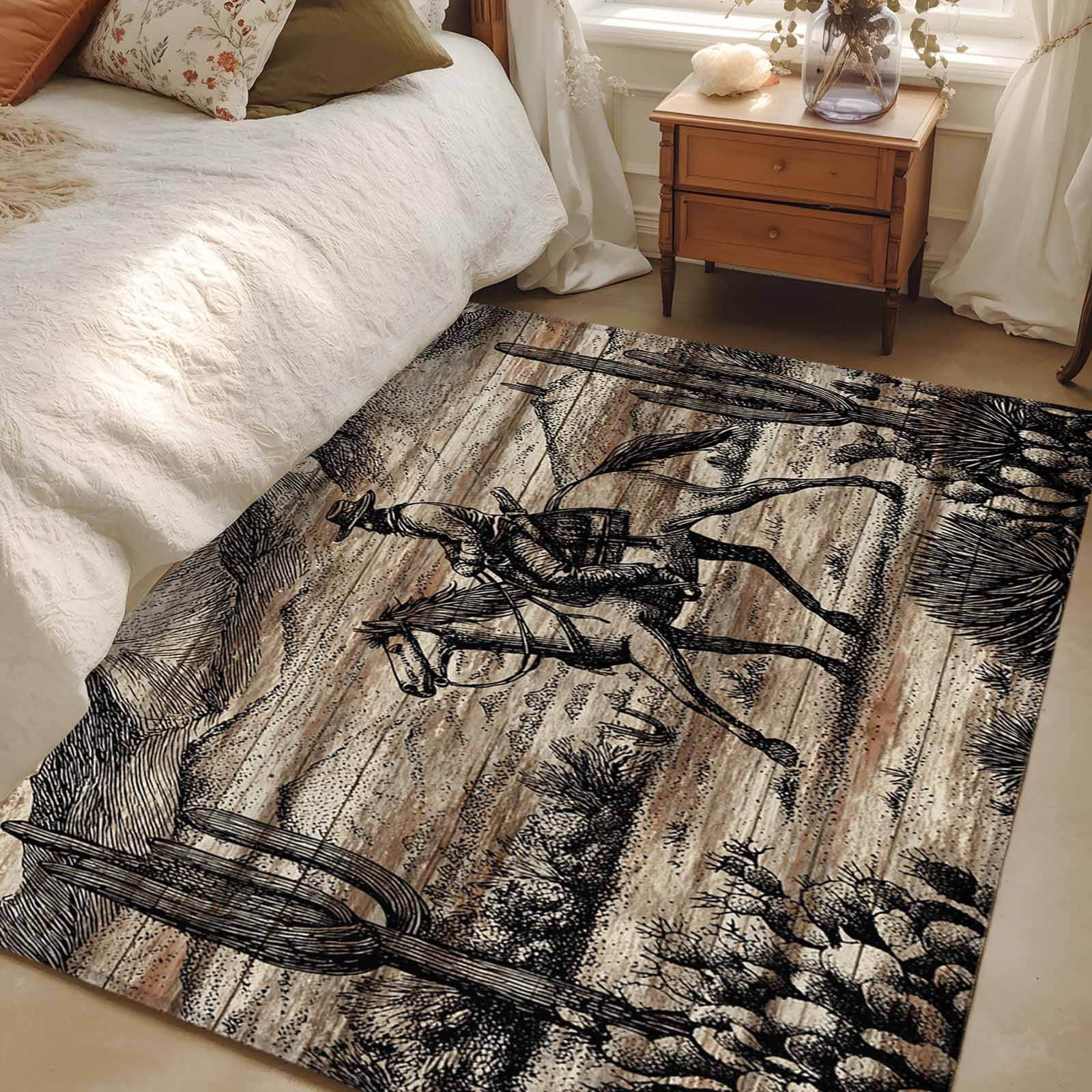 Area Rugs for Living Room Bedroom, Brown Western Farmhouse 4'x6' Rug Washable Carpet Runner Indoor Outdoor, Vintage Cowboys Cactus Non Slip Accent Floor Mats Rug for Kitchen, Office