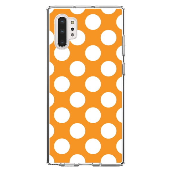 DistinctInk Clear Shockproof Hybrid Case for Galaxy Note 10 PLUS (6.8" Screen) - TPU Bumper, Acrylic Back, Tempered Glass Screen Protector - White & Orange Polka Dots