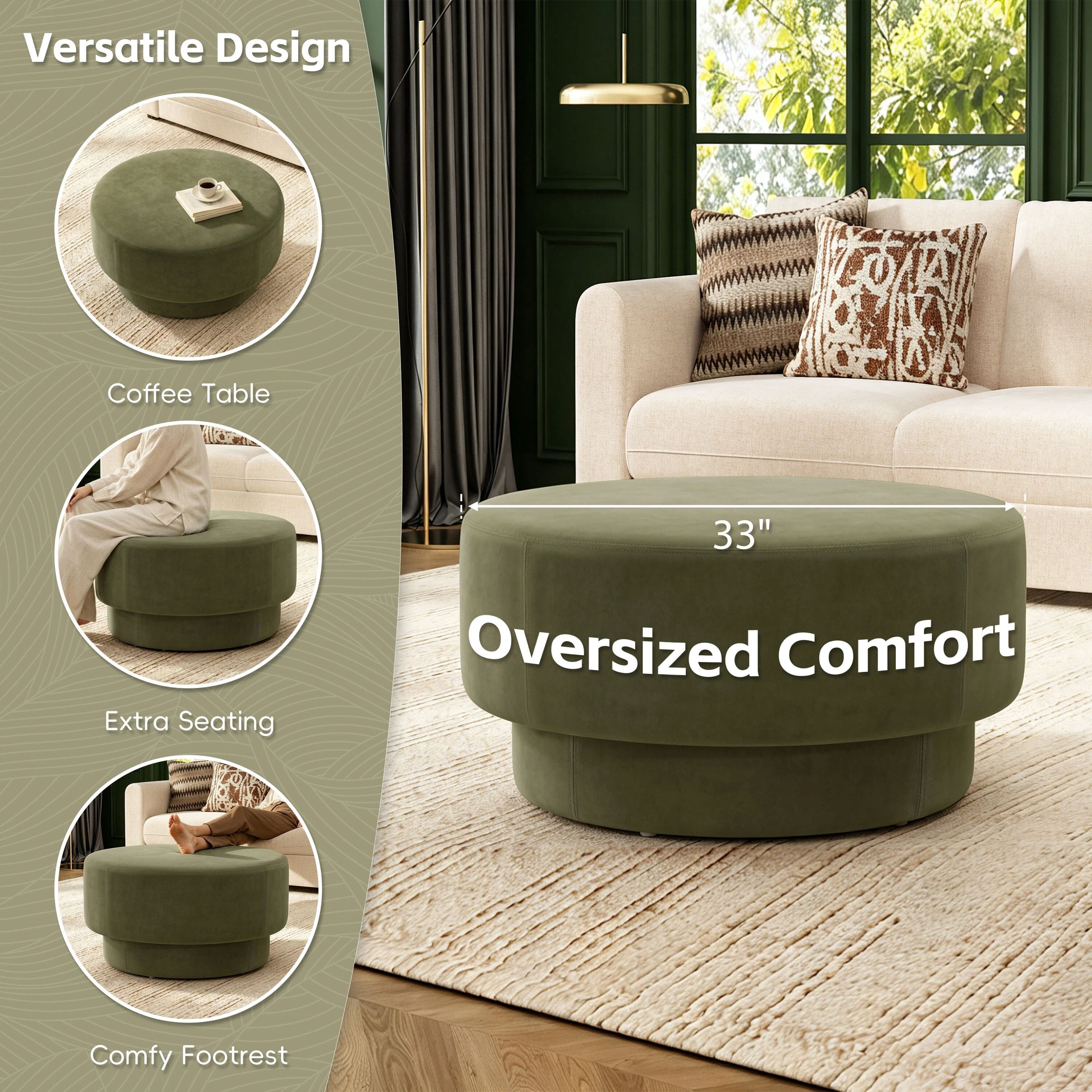 Euroco 33" Round Ottoman Coffee Table, Modern Faux Leather Upholstered Footrest for Living Room,Green
