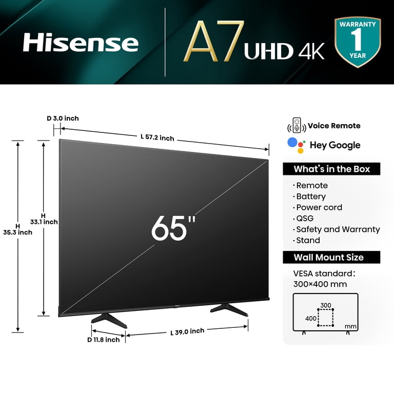 Hisense 65-Inch Class A7 Series Dolby Vision HDR 4K UHD Google