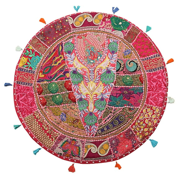 Stylo Culture Ethnic Outdoor Floor Cushion Vintage Patchwork Cover Pink 32x32 Large Decorative Bohemian Round Hassock Pouffe Cover Footstool Cotton Embroidered 1 Pc