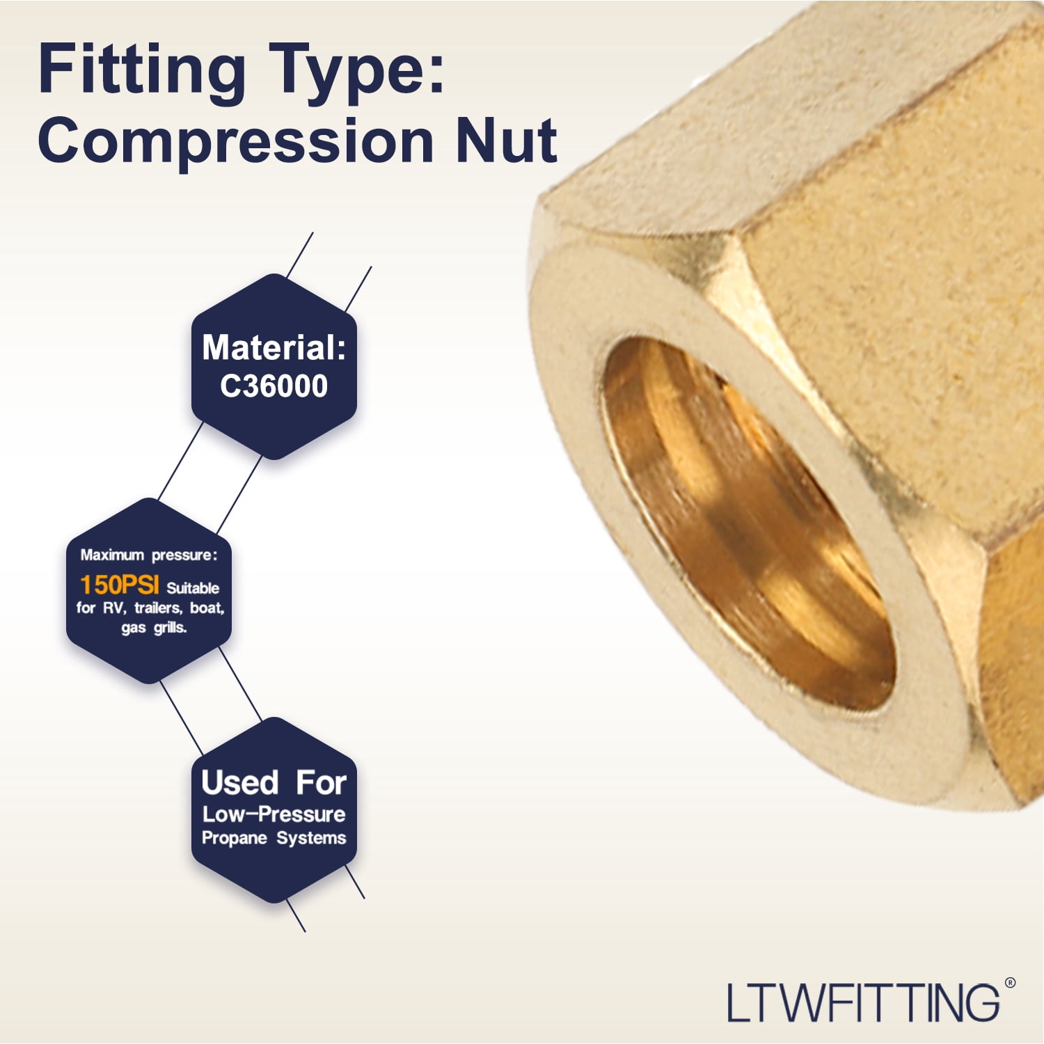LTWFITTING 7/16" Brass Compression Nut, Hardware Compression Fitting (pack of 25)