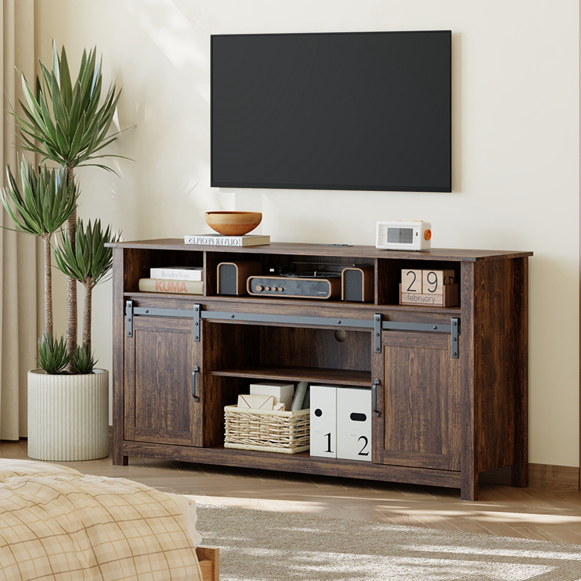 Furnibear LED Farmhouse TV Stand for 70/65/60 Inch TVs,Entertainment Center Storage Cabinets with Power Outlets and Sliding Barn Door,Rustic TV Stands for Living Room,Media Console Cabinet,Dark Brown