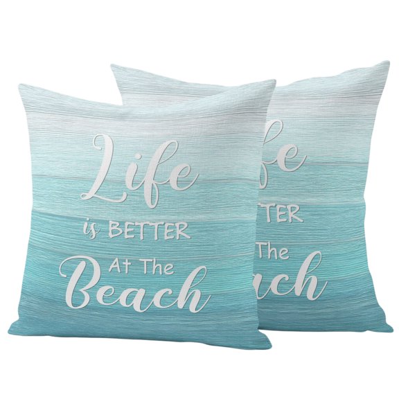 Outdoor Waterproof Throw Pillow Covers Set of 2 Life Is Better at The Beach Decorative Pillowcases Square Outdoor Pillows Cushion Case 18x18 Inch Teal Wood Grain Patio Pillows for Couch Sofa Bed