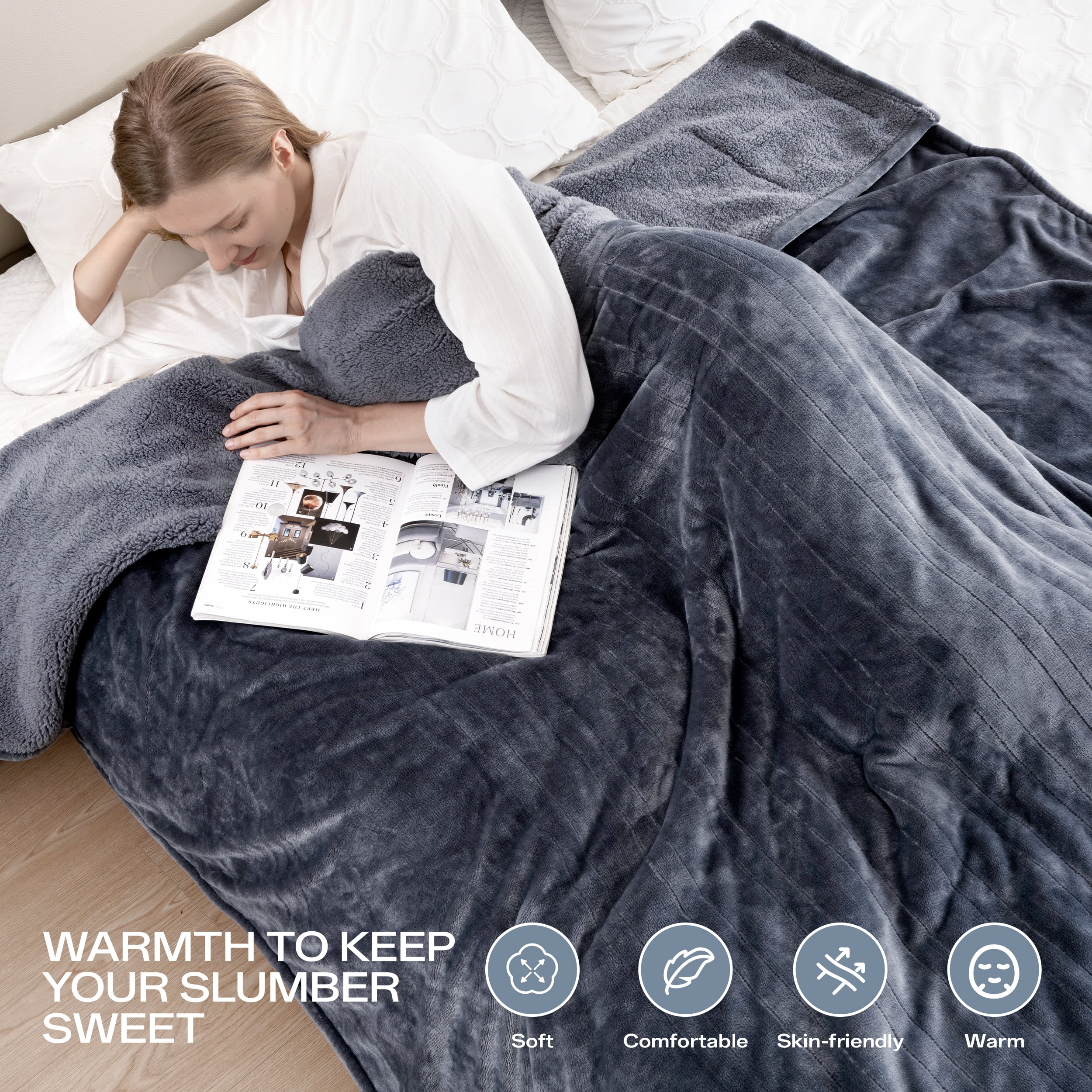 ELEKA King Size Electric Blanket , 90" x 100" Ultra Soft Flannel Heated Blanket,8 Heating Levels, 10 Hours Timer，Double Zone， Gray