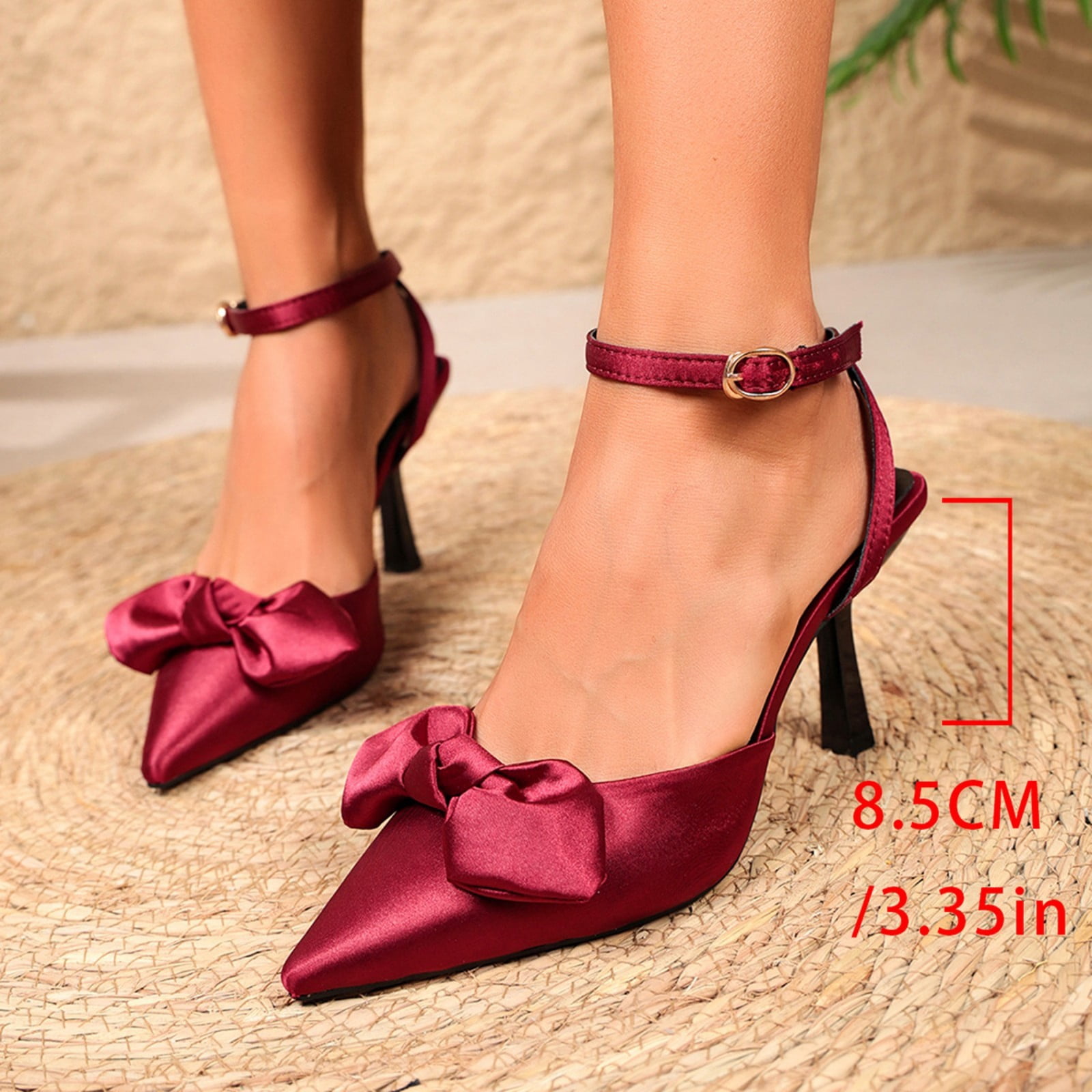 Purcolt Womens Satin Bow Sandals Elegant Trendy Closed Pointed Toe Slim Heel Pumps Comfort Slip On Backless Heels with Buckle Ankle Strap for Evening Party Wedding