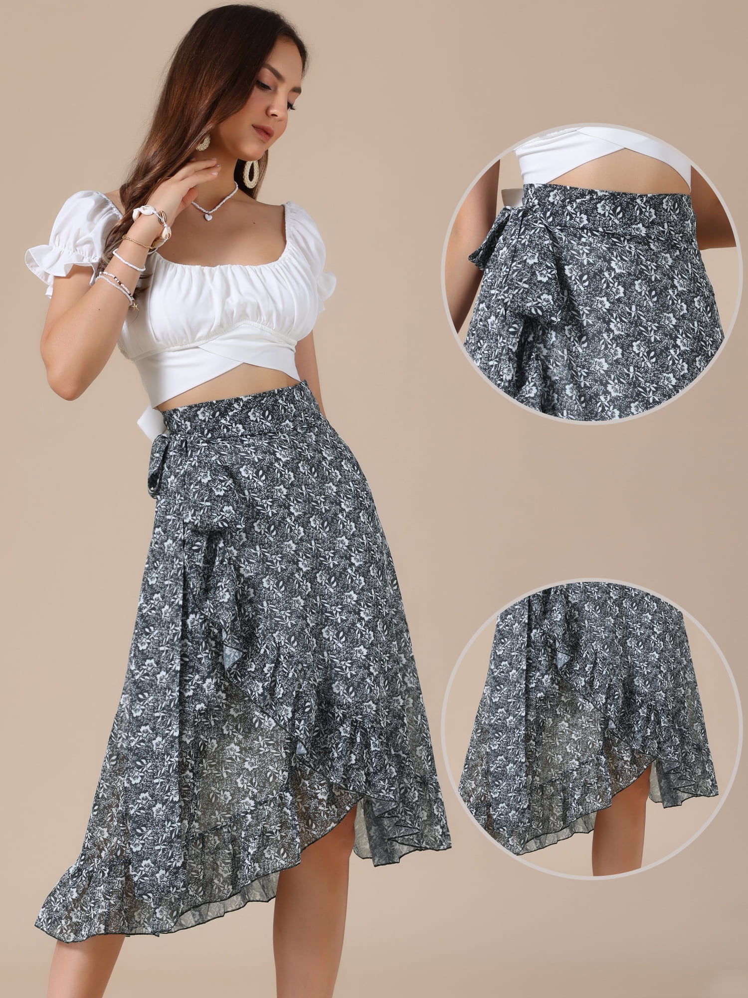 DARING DIVA Women's Hem Beach Ruffle Skirts Medium Black