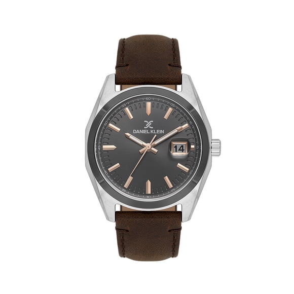 Daniel Klein Montre pour Homme, Montre Analogique en Métal 42 mm, Quartz Japonais, Bracelet en Cuir - Calendrier de Date, Aiguilles Lumineuses et Index - Argent / Brun