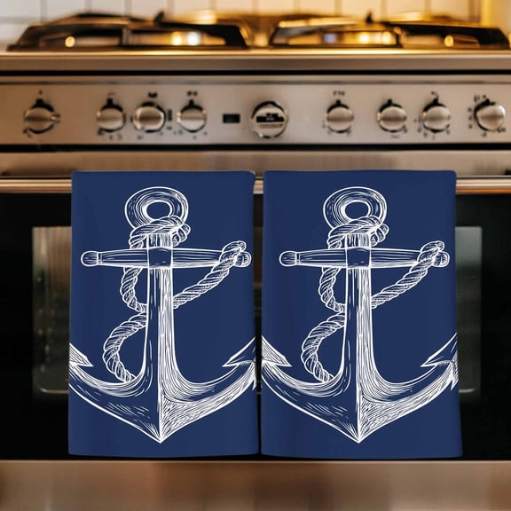 Nautical Anchor Kitchen Towels Set of 1, Navy Blue Coastal Marine Minimalist Rope Absorbent Dish Towels for Kitchen, Microfiber Hand Towel, Quick Drying Tea Towel for Cleaning Decorative Dishcloths