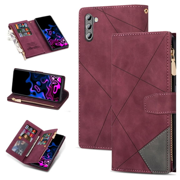 Designed For Galaxy A13 5G, Wallet 9 Card Slots Cases Zipper Purse Premium Leather Card Slot Flip Magnetic Cover Wrist Strap Kickstand Stand Compatible with Samsung Galaxy A13 5G, Winered