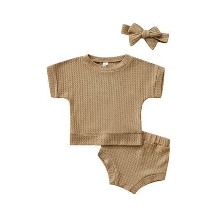 

Canrulo 3pcs Infant Baby Girls Boys Lovely Clothes Solid Pullover Short Sleeve T-Shirt+ Shorts+ Headband Sets Khaki 18-24 Months
