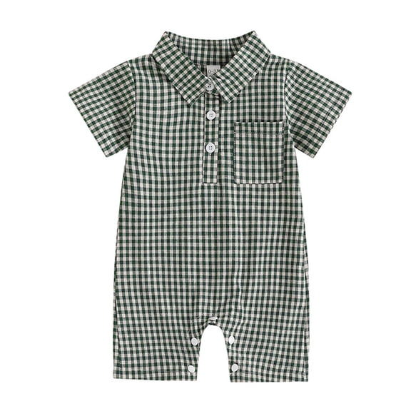 QINGFSAP Baby Gingham Romper Short Sleeve Collared Bodysuit Button Placket Pocket Infant Creeper Snap Crotch Outfit