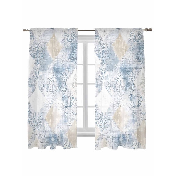 Blue Beige Floral Curtains 72 Inch Length, Sheer Curtains for Bedroom Living Room Window Vintage Smear Abstract Art Rod Pocket Voile Drapes Kitchen Curtains Small Half Window 52"x72" 2 Panels