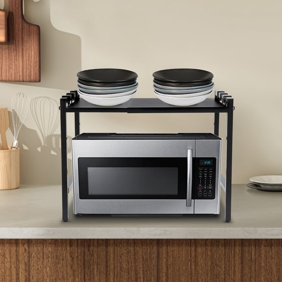 ToppiJoy 2 Tiers Adjustable Extendable Microwave Stand Shelf for Kitchen, Microwave Rack Countertop with Hooks (Black)