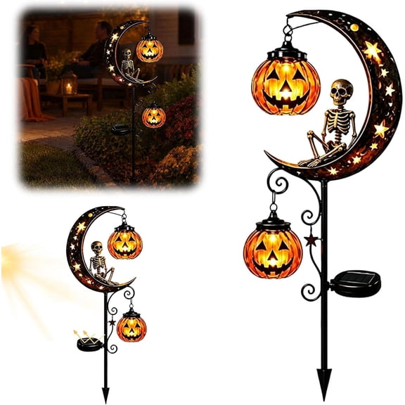 33.5" Halloween Garden Solar Stake Lights Skull & Pumpkin Moon | Auto On Off Pumpkins Lantern Decorations Outdoor Lawn Iron Stake Decor Lamp for Yard Pathway Patio