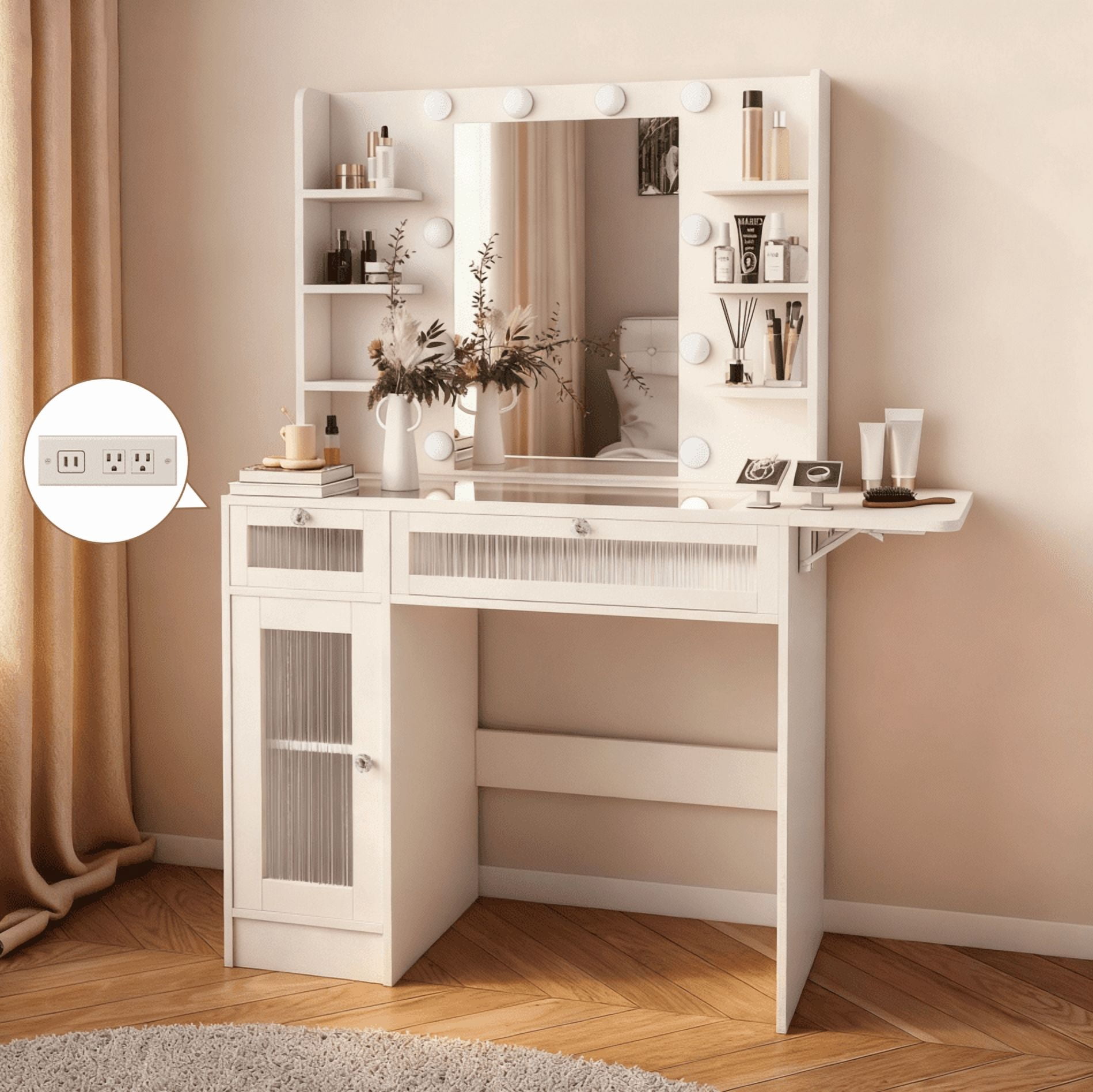 Vanity Desk with Mirror and Lights, Makeup Vanity Desk with Lights 7 Colors, Transparent Top Vanity with 2 Drawers, 6 Shelves, Large Tempered Cabinet, Power Outlet, for Bedroom, White