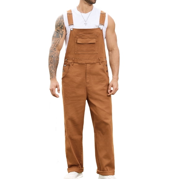 Yuanbang Overalls for Men Fashion Jumpsuit Work Bibs Coveralls Overol Para Hombre(Brown,L)
