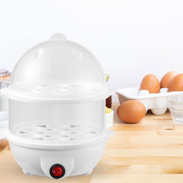 Olla eléctrica para huevos, utensilios de cocina multifuncionales visibles, utensilios de cocina, calderas de huevos de gran capacidad para oficina, hogar, dormitorio, Blanco de 2 niveles BLESIY cocedor de huevos